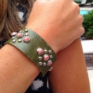 Pink Stone on Green Leather Handcrafted Bracelet